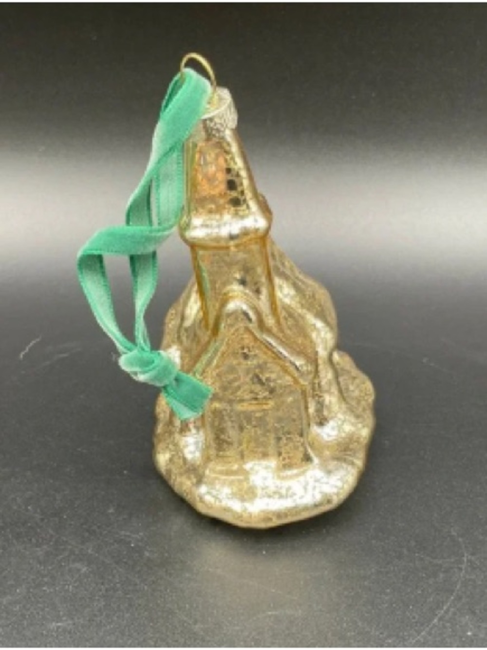 Gold Church Ornament with Green Hanging Ribbon - Holiday Tree Accent